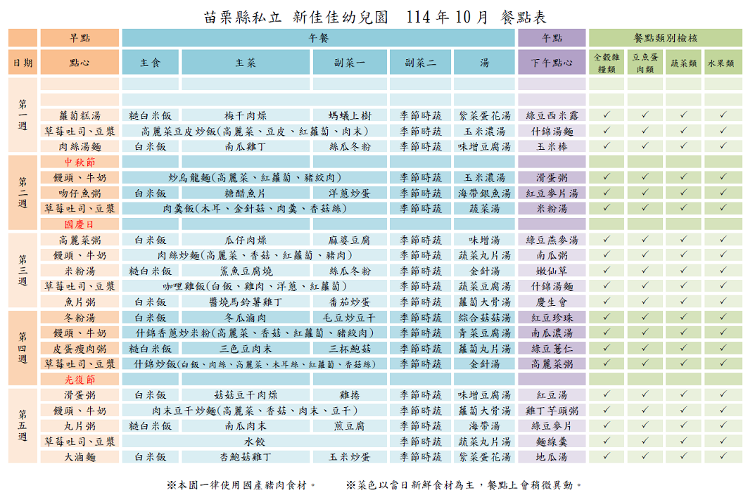 114年10月份餐點表